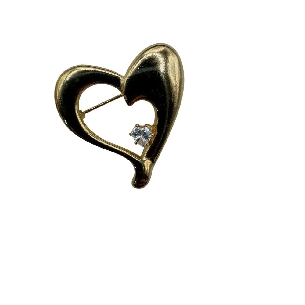 Gold Tone Brooch Set Triple Circle Interlocking & Heart Rhinestone Pins 2pc